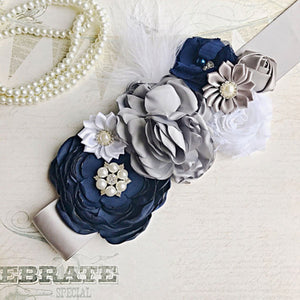 Elegant Gray Floral Smooth Satin Sashes
