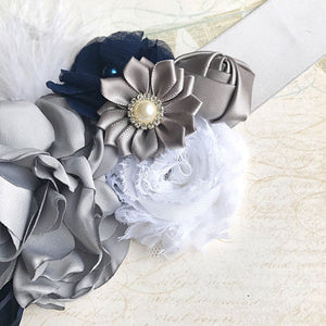 Elegant Gray Floral Smooth Satin Sashes