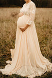 Elegant Pregnancy Chiffon Lace Long Maternity Gown Champagne / S Dresses