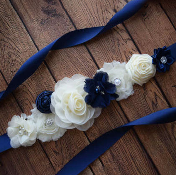 Extended Silk Belt White & Blue Floral Smooth Satin Sashes