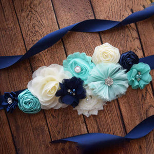 Extended Silk Belt White & Blue Floral Smooth Satin Sashes