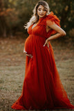 Custom A-line Tulle Deep V-neck Ruffle Maternity Photoshoot Dress