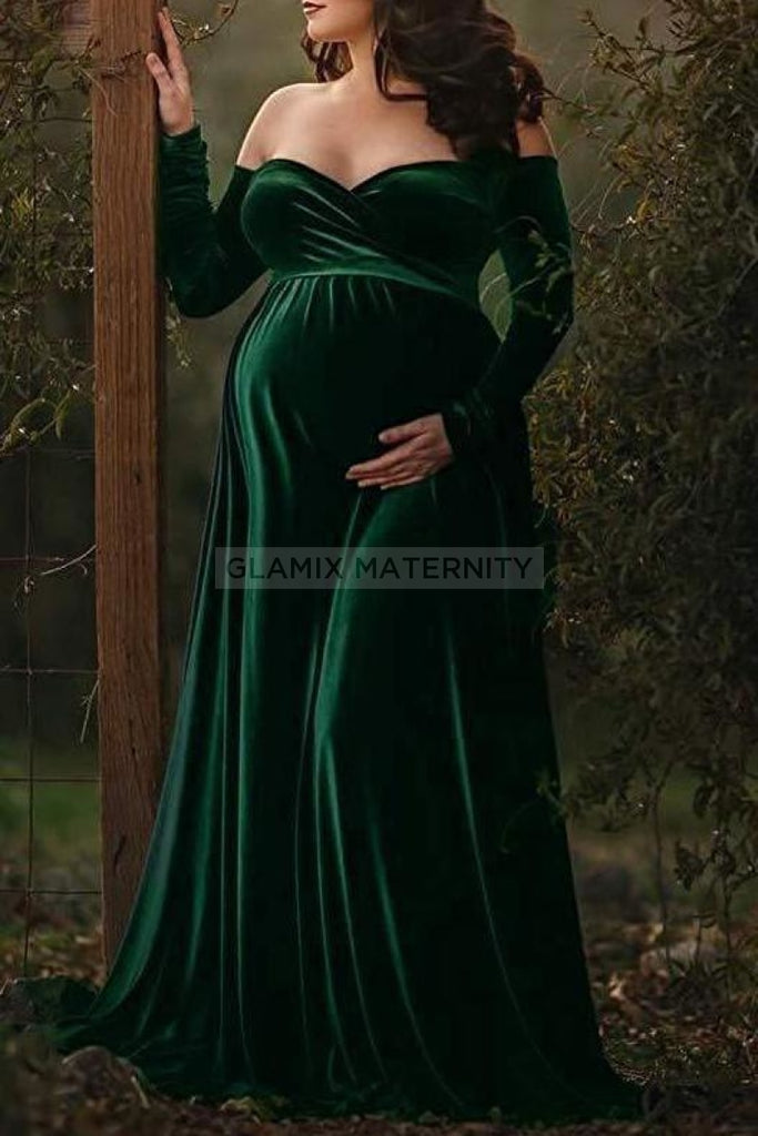 Fabulous Velvet Long Maternity Dress With Sleeves