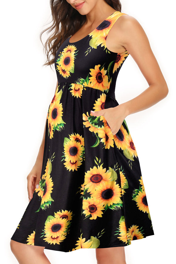 3/4 Sleeve Bateau Neckline Sunflower Short Breastfeeding Dress