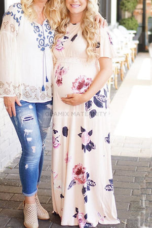 Floral Long Maternity Dress With Short Sleeves