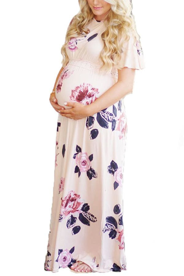 Floral Long Soft Maternity Dress With Short Sleeves Floral Long Soft Maternity Dress With Short Sleeves