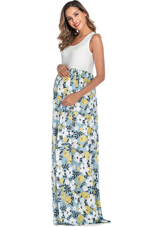 Floral Sleeveless Two-tone Long Maternity Dress