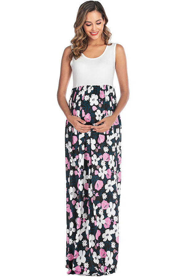 Floral Sleeveless Two-tone Long Maternity Dress | GLAMIX Glamix Maternity Floral Sleeveless Two-tone Long Maternity Dress | GLAMIX Glamix Maternity