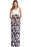 Floral Sleeveless Two-tone Long Maternity Dress