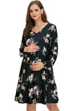 Floral V-Neck Short Maternity Dress With Long Sleeves