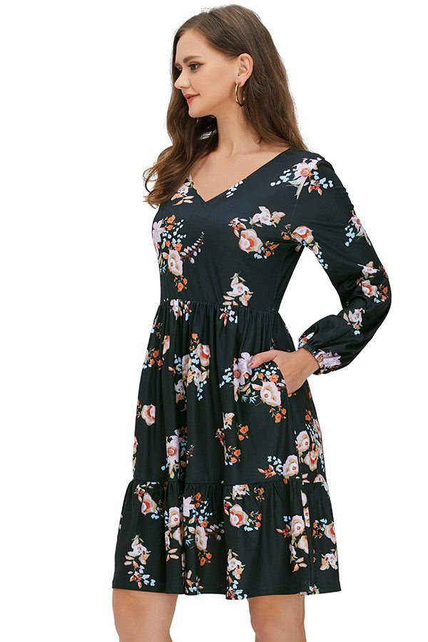 Floral V-Neck Short Maternity Dress With Long Sleeves