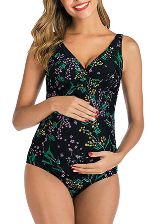 Floral V-neck One-Piece Ruched Maternity Swimsuit