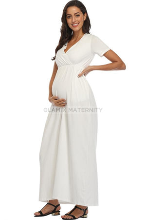Frilled Waist V-neck Maternity Dress With 3/4 SleevesFrilled Waist V-neck Nursing Maternity Wrap Dress