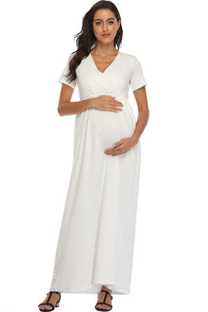 Frilled Waist V-Neck Maternity Dress With 3/4 Sleeves White / S DressesFrilled Waist V-neck Nursing Maternity Wrap Dress
