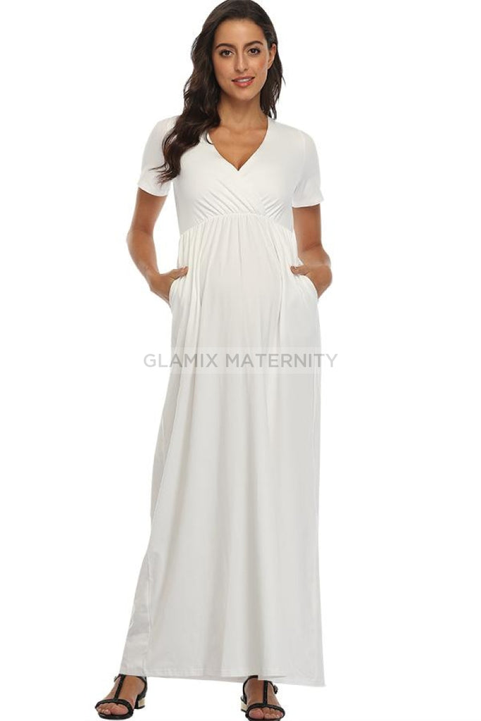 Frilled Waist V-neck Maternity Dress With 3/4 SleevesFrilled Waist V-neck Nursing Maternity Wrap Dress
