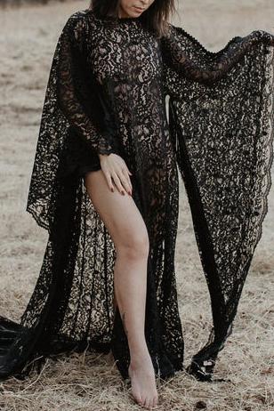 Black Sexy See-through Lace Maternity Photoshoot Dress