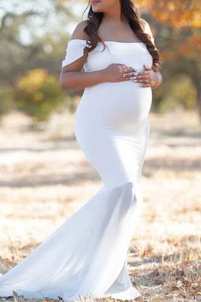 Off-the-shoulder Mermaid Baby Shower Dress, White / L Off-the-shoulder Mermaid Baby Shower Dress, White / L