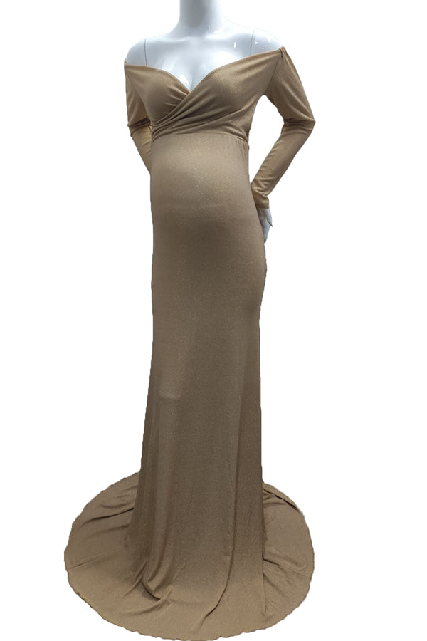 Glitter Upscale Off-the-shoulder Mermaid Baby Shower Dress, Champagne / S