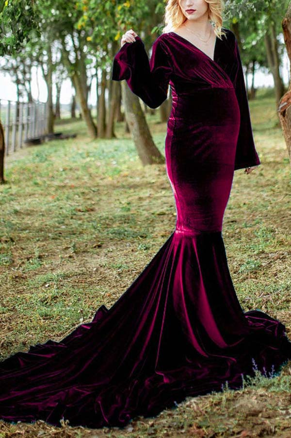 Gold Velvet V-Neck Exquisite Maternity Photography Dress