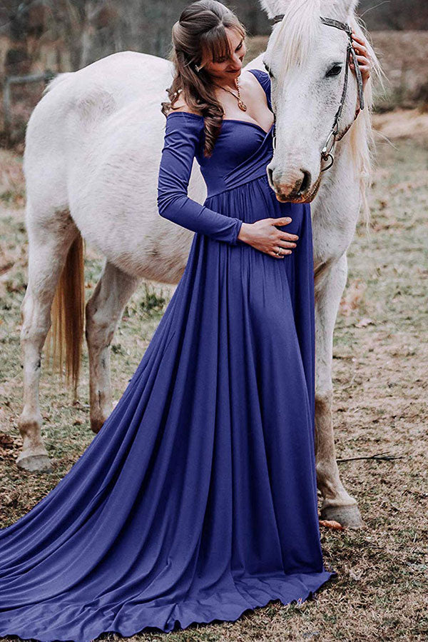 Gorgeous Off-the-shoulder A-line Maternity Photoshoot Dress, Royal Blue / M Gorgeous Off-the-shoulder A-line Maternity Photoshoot Dress, Royal Blue / M