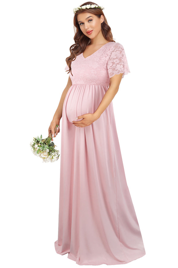 Lace Maxi Dress Short Sleeves V-Neck Long Dress Maternity Photoshoot