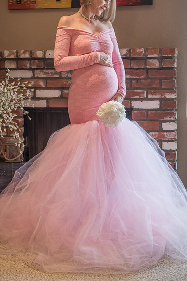 mermaid maternity dress Blue Floral Off Shoulder Baby Shower Maxi Dress, Blue / XL or any special occasion Lace Pink Mermaid Maternity Photoshoot