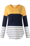 Lace Striped Stitching Long Sleeve Nursing Top T-shirt