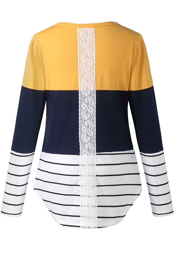Lace Striped Stitching Long Sleeve Nursing Top T-shirt