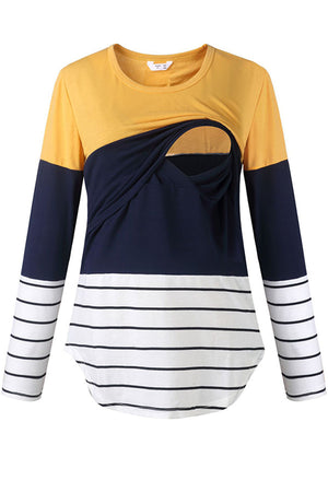 Lace Striped Stitching Long Sleeve Nursing Top T-shirt