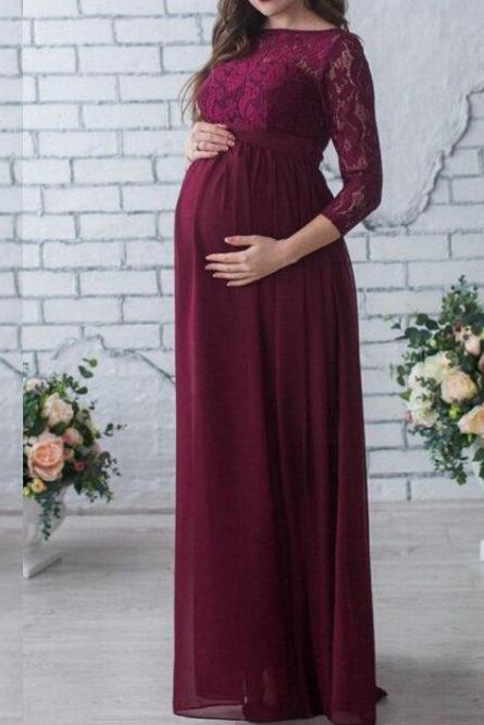 Lace Long-Sleeve Maternity Maxi Dress Burgundy / S Dresses
