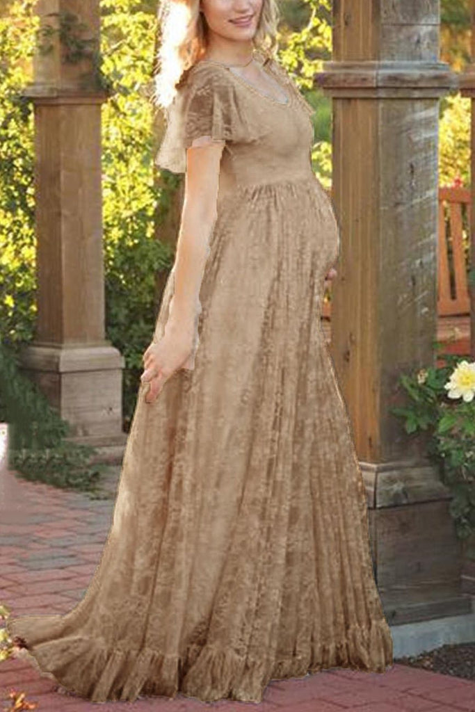 Lace Scoop Maternity Photoshoot Long Dress Champagne / S Dresses