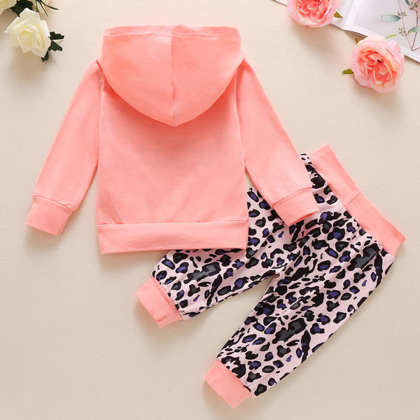 [6M-3Y] 2pcs Leopard Pant Sports Baby Pink Long-Sleeve Hoodie Suit