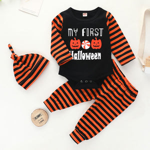 [6M-3Y] 3pcs Long-Sleeve Halloween Romper & Stripe Pant Set
