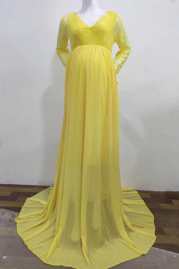 Long-Sleeved Lace V-Neck Maternity Photoshoot Long Dress Long-Sleeved Lace V-Neck Maternity Photoshoot Long Dress