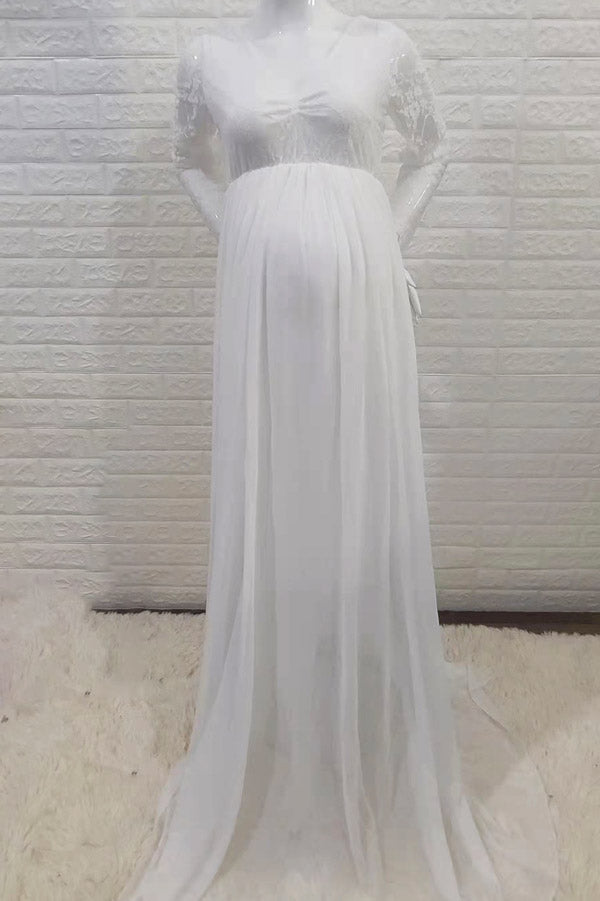 Long-Sleeved Lace V-Neck Maternity Photoshoot Long Dress