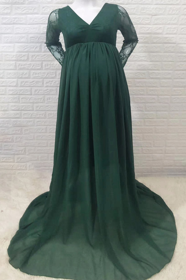 Long-Sleeved Lace V-Neck Maternity Photoshoot Long Dress Glamix Maternity Long-Sleeved Lace V-Neck Maternity Photoshoot Long Dress Glamix Maternity