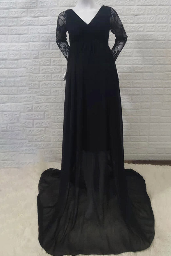 Long-Sleeved Lace V-Neck Maternity Photoshoot Long Dress Long-Sleeved Lace V-Neck Maternity Photoshoot Long Dress