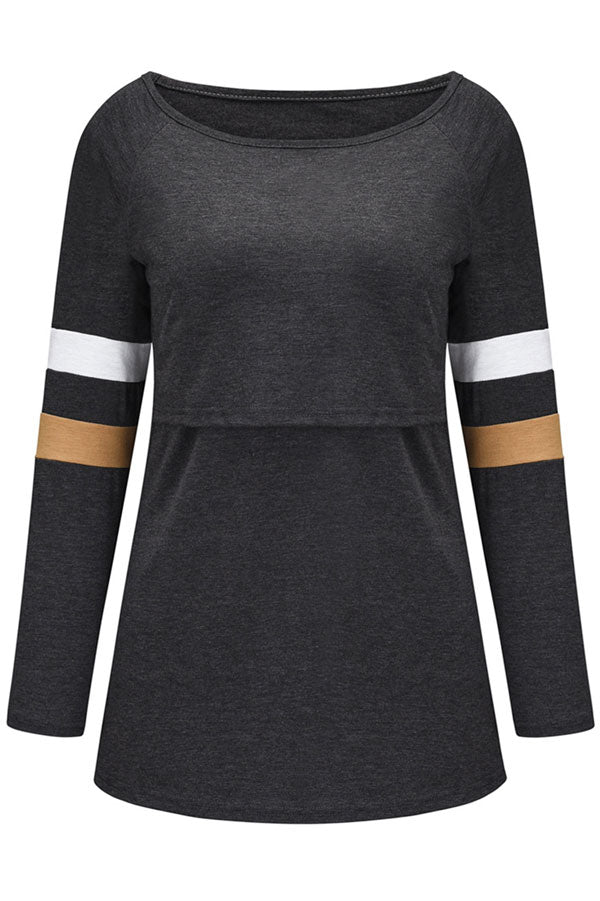 Long-Sleeved Striped Contrast Color Double Breastfeeding Warm Top