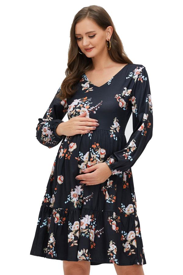 Long Sleeves Solid Color V-Neck Maternity Knee-Length DressFloral V-Neck Short Maternity Dress With Long Sleeves