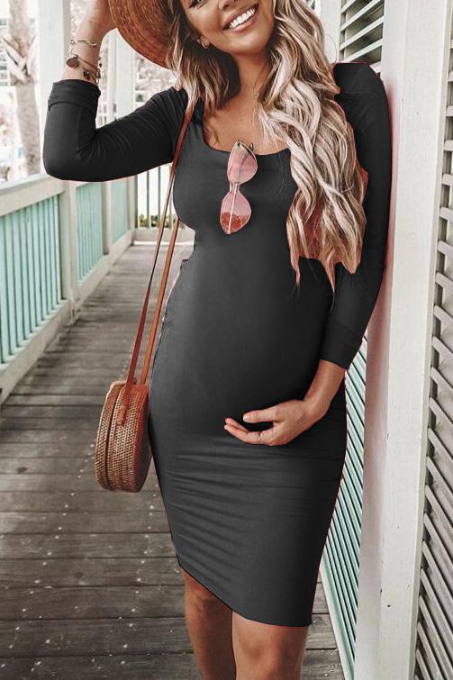 Long Sleeves Scoop Short Maternity Dress Black / S Dresses