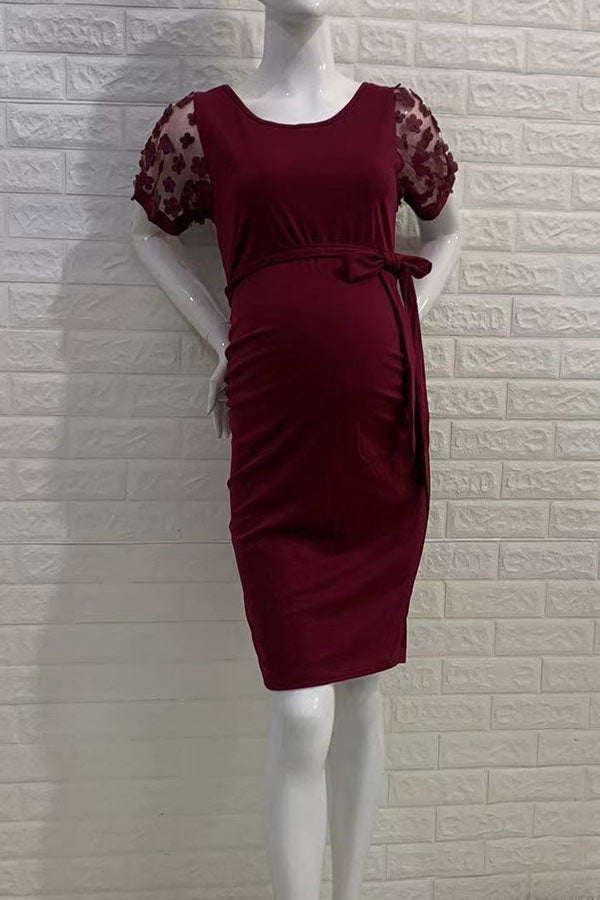 Mesh Flower Short Sleeves Ruched Bodycon Maternity Dress Mesh Flower Short Sleeves Ruched Bodycon Maternity Dress