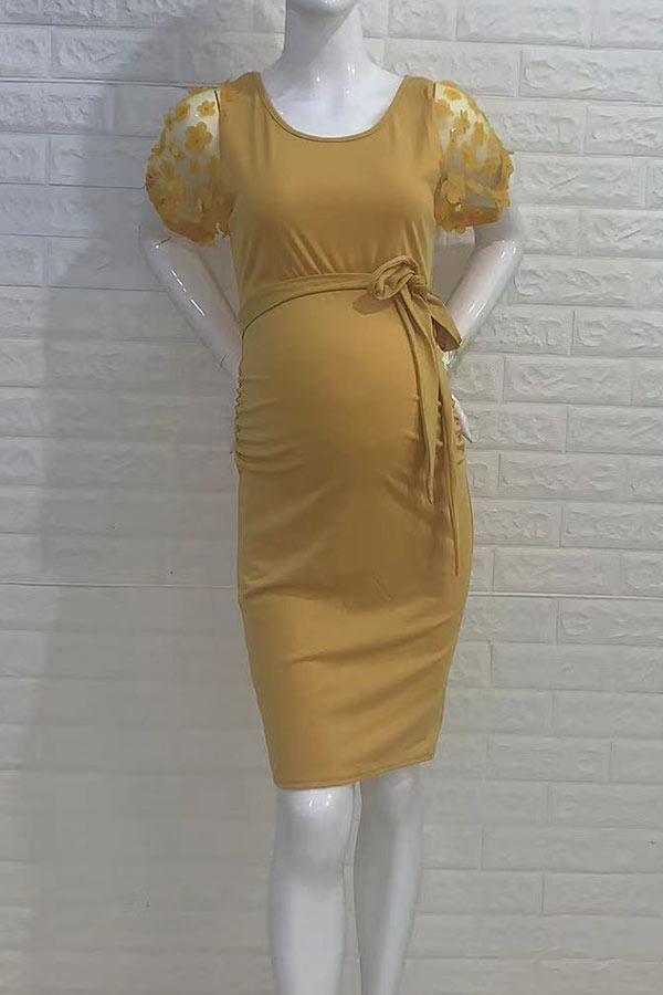 Mesh Flower Short Sleeves Ruched Bodycon Maternity Dress Glamix Maternity Mesh Flower Short Sleeves Ruched Bodycon Maternity Dress Glamix Maternity