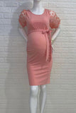 Mesh Flower Short Sleeves Ruched Bodycon Maternity Dress