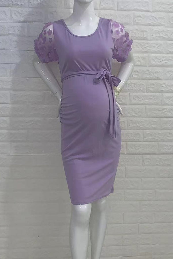 Mesh Flower Short Sleeves Ruched Bodycon Maternity Dress Mesh Flower Short Sleeves Ruched Bodycon Maternity Dress