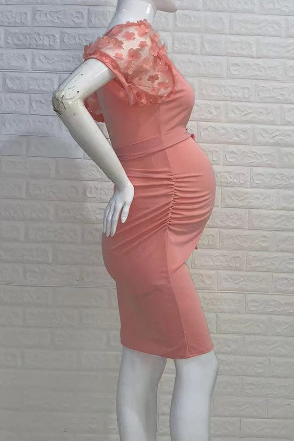Mesh Flower Short Sleeves Ruched Bodycon Maternity Dress
