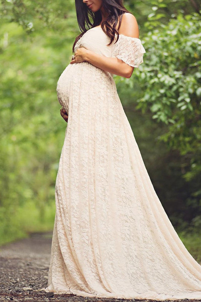 Off Shoulder Lace Maternity Photoshoot Dress Champagne / S Dresses