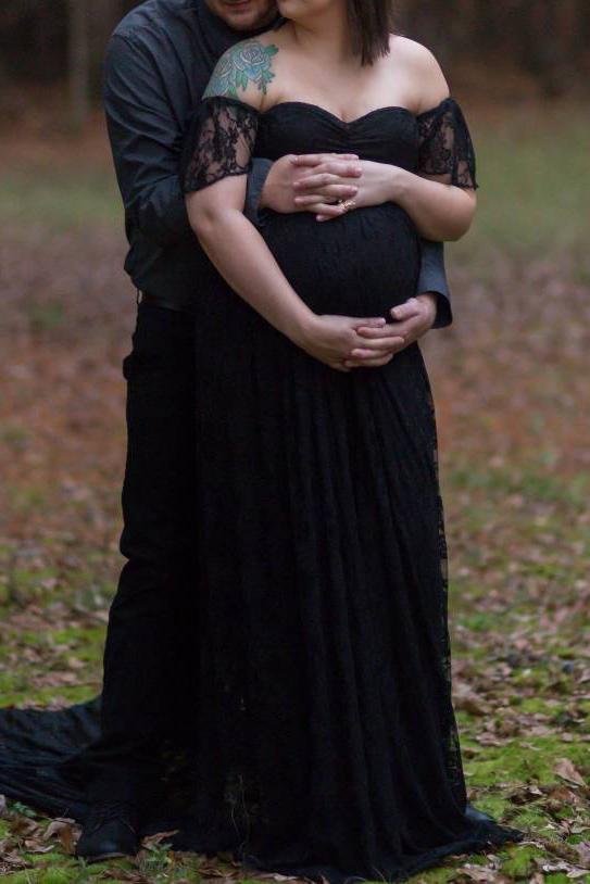 Off Shoulder Lace Maternity Photoshoot Dress Black / S Dresses
