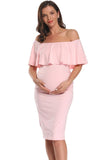 Off Shoulder Fitted Ruffled Short Maternity Dress