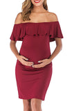 Off-Shoulder Short Sleeves Ruffle Maternity Bodycon Dress