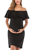 Off-Shoulder Short Sleeves Ruffle Maternity Midi Wrap Dress